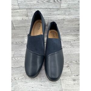 Clarks Emily Step Navy Leather Suede Slip On Block Heel Shoes Women Size 11M